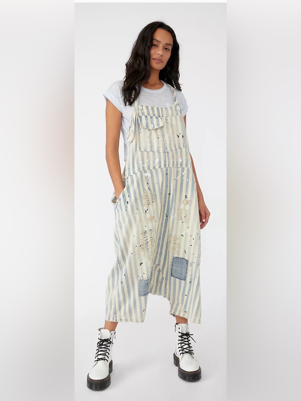 Magnolia Pearl Striped Patchwork Overalls Dress in Blue and Cream